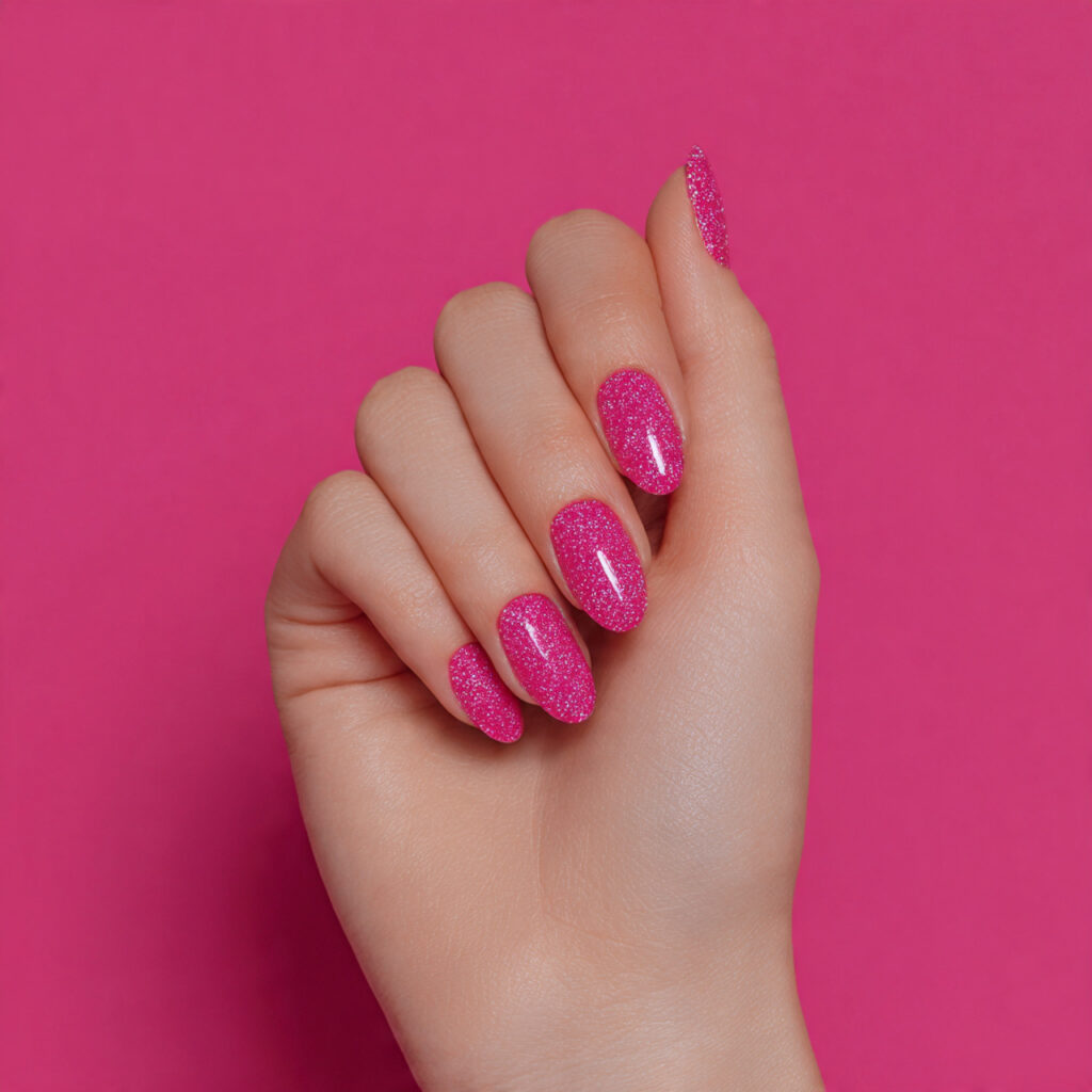 Pink Sparkle Nails: Soft Glam, Glossy Shine & Dreamy Glow 7 one hand with attractive hot pink glitter nails gl 1