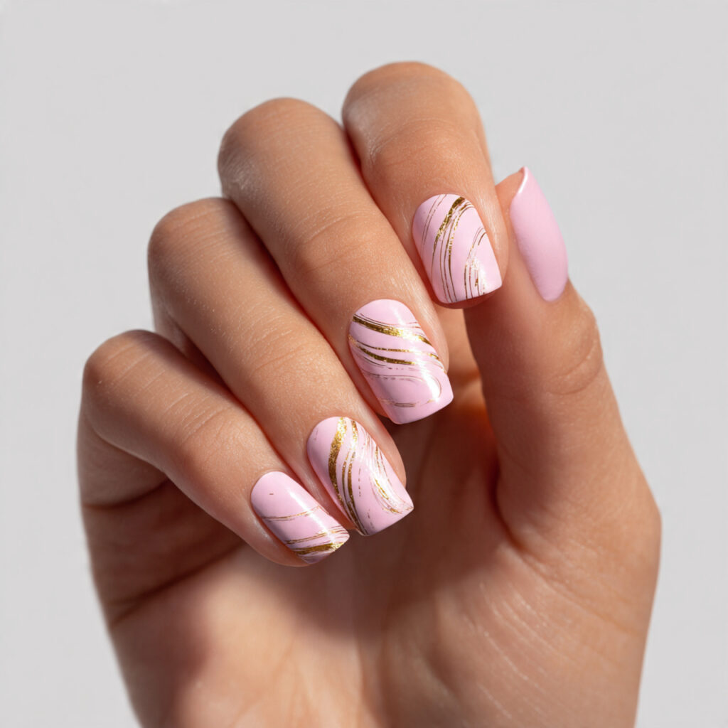 Pink Gold Nails: Soft Glam Meets Luxe Shine 11 one hand with attractive light pink glossy nail po