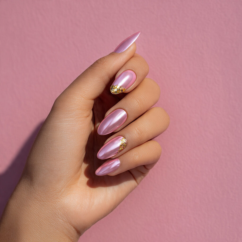 one hand with attractive manicure pink chrome glos