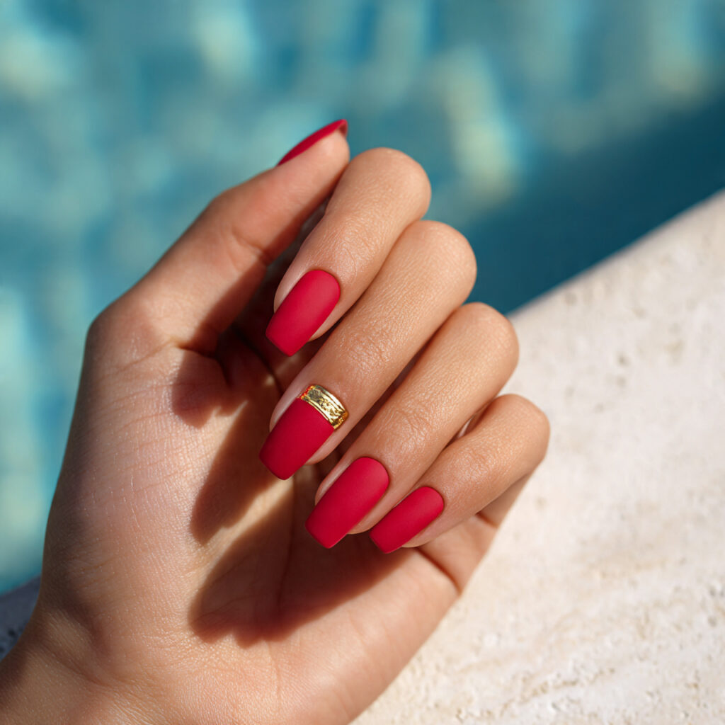 Red Gold Nails: Luxe, Fiery Designs That Feel Instantly Iconic 4 one hand with attractive matte red nails featuring 1
