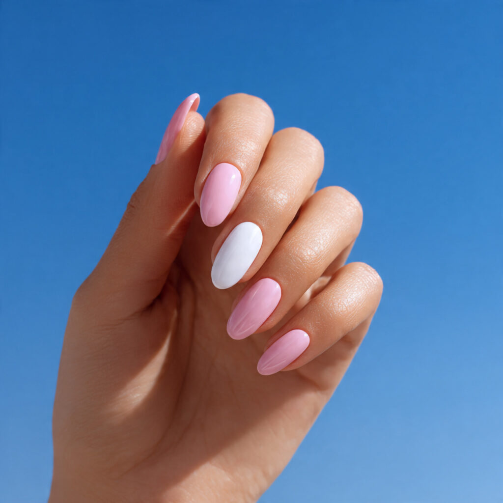 one hand with attractive milky pink and white nail
