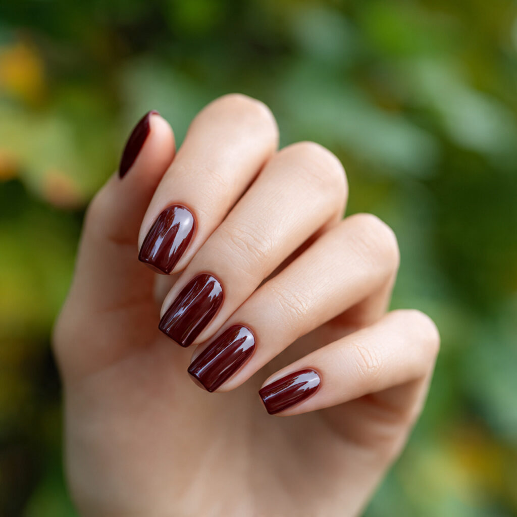 one hand with attractive mixed dark red tones nail
