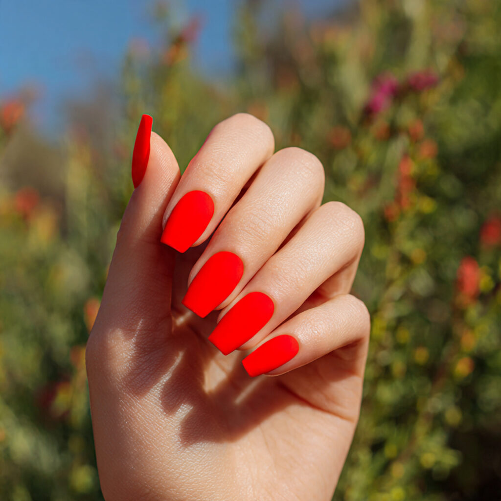 Short Nails Red: The Bold, Timeless Look That Always Wins 6 one hand with attractive neon matte velvet red nai