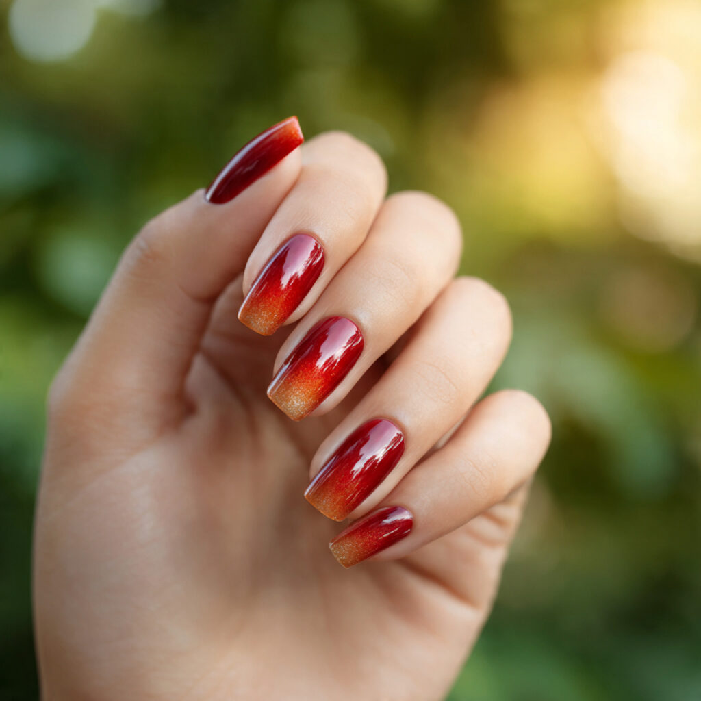 Red Gold Nails: Luxe, Fiery Designs That Feel Instantly Iconic 6 one hand with attractive ombre red to gold nails g