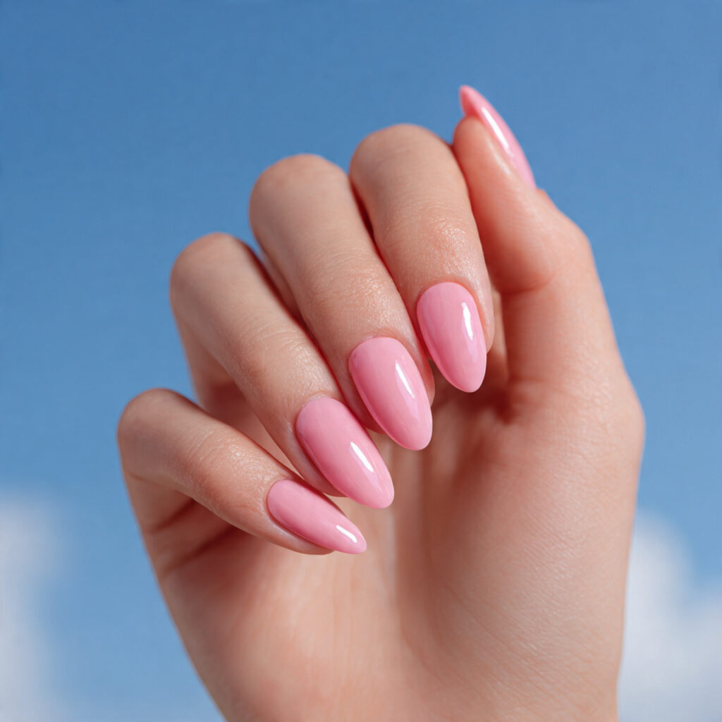 Pink Nails Simple: Soft, Effortless Looks You’ll Always Love 4 one hand with attractive pink almond shaped nails