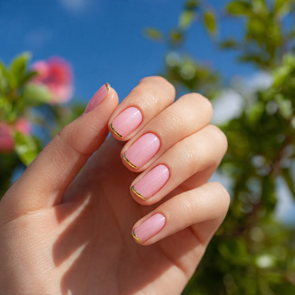 Pink Gold Nails: Soft Glam Meets Luxe Shine 2 one hand with attractive pink and gold french tip