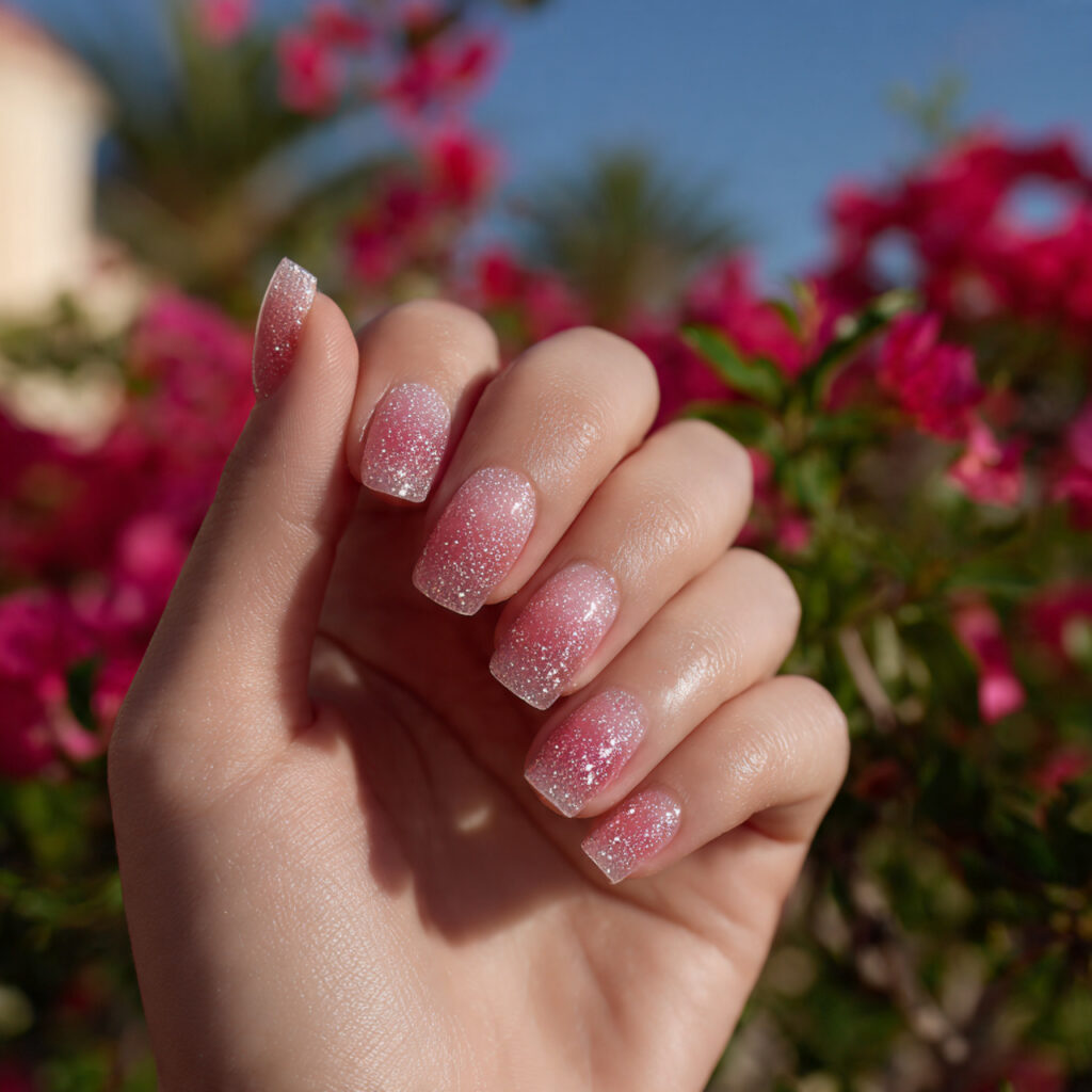 Pink Gold Nails: Soft Glam Meets Luxe Shine 10 one hand with attractive pink and gold glitter omb