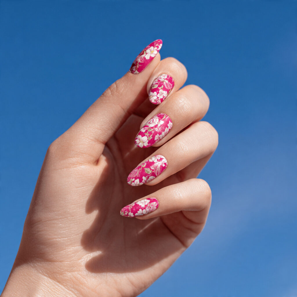 one hand with attractive pink and white floral nai