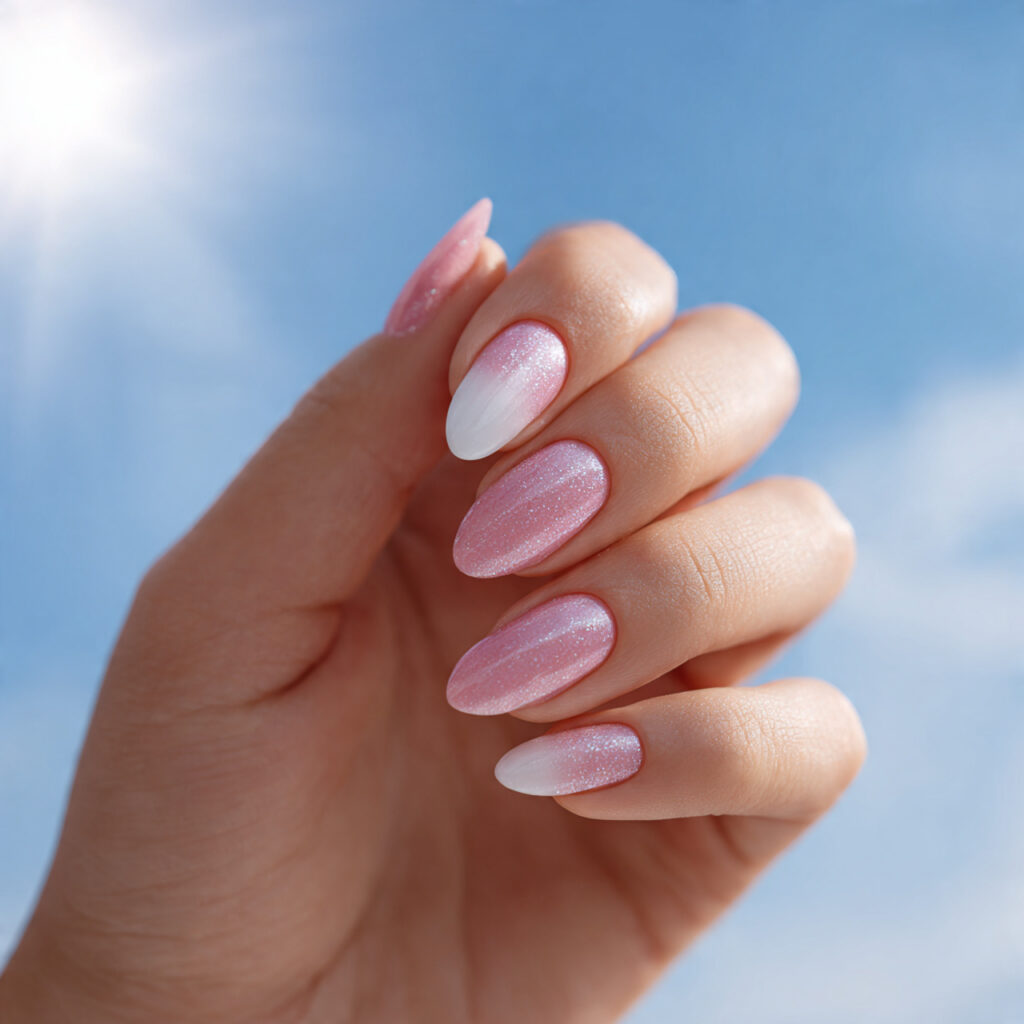 one hand with attractive pink and white nails glit