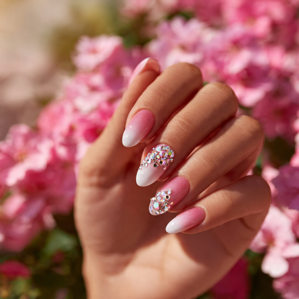 one hand with attractive pink and white nails with