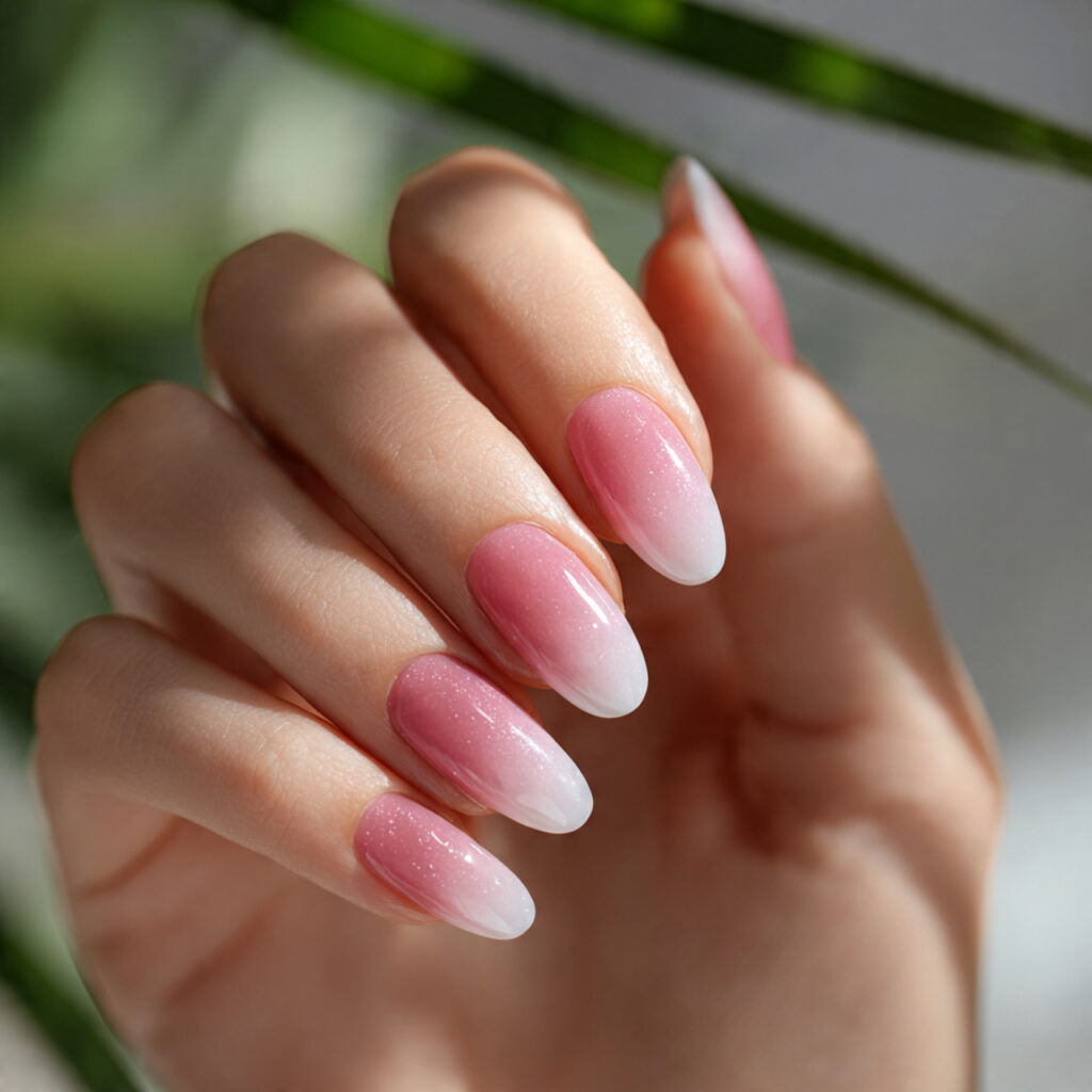 one hand with attractive pink and white ombre nail