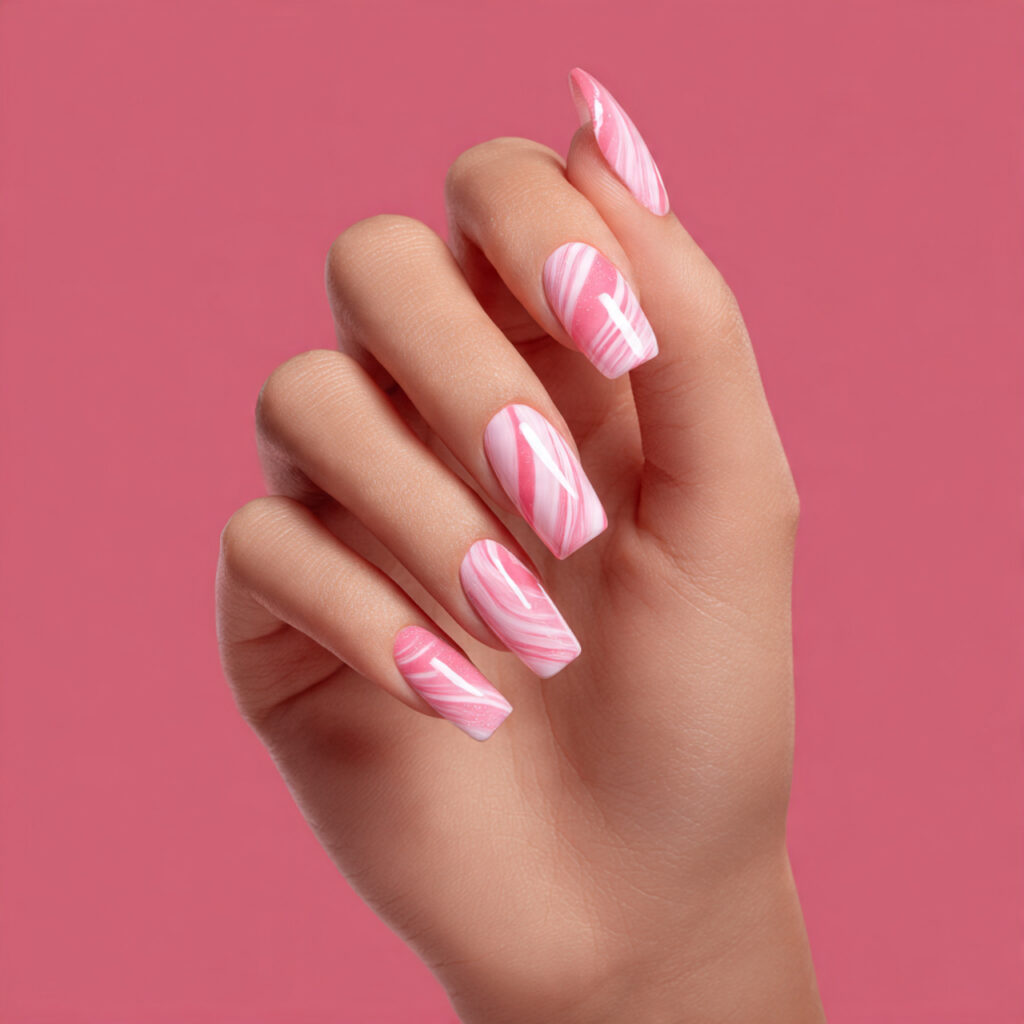 one hand with attractive pink and white swirl nail 1