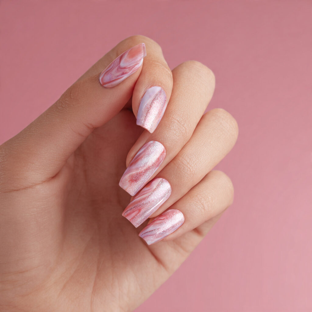 Pink Nails with Designs: Cute Details That Make You Glow 11 one hand with attractive pink aura nails with arti