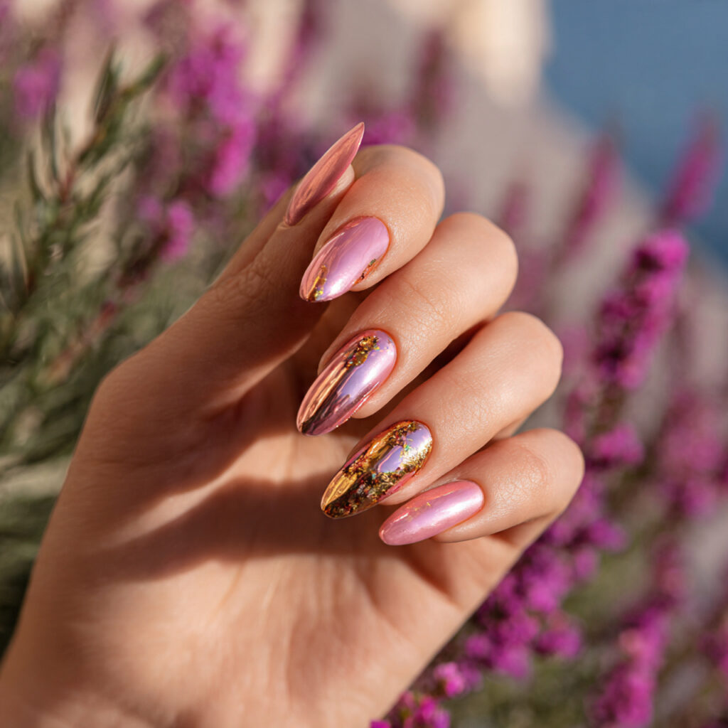 Pink Gold Nails: Soft Glam Meets Luxe Shine 4 one hand with attractive pink chrome nails with go