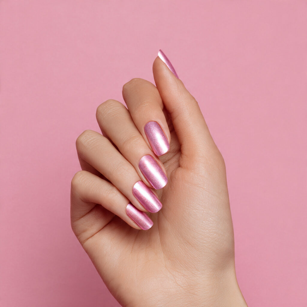 Pink Nails Simple: Soft, Effortless Looks You’ll Always Love 7 one hand with attractive pink chrome simple nails