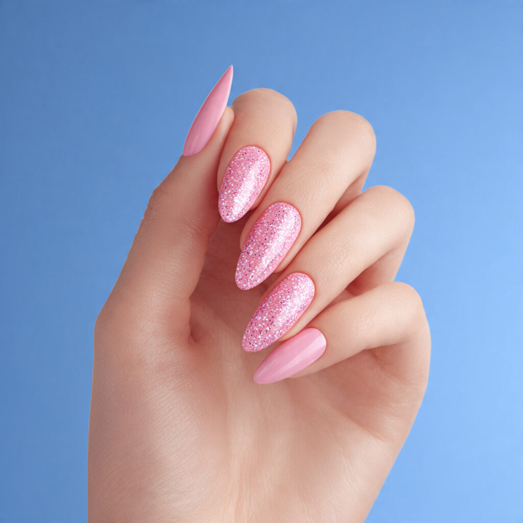 Pink Nails Simple: Soft, Effortless Looks You’ll Always Love 12 one hand with attractive pink glitter accent nails