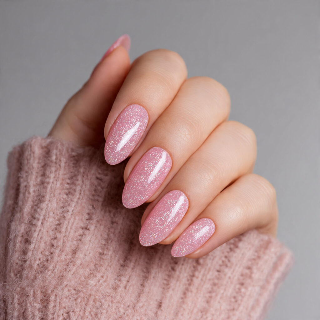 Pink Nails with Designs: Cute Details That Make You Glow 14 one hand with attractive pink glitter design nails