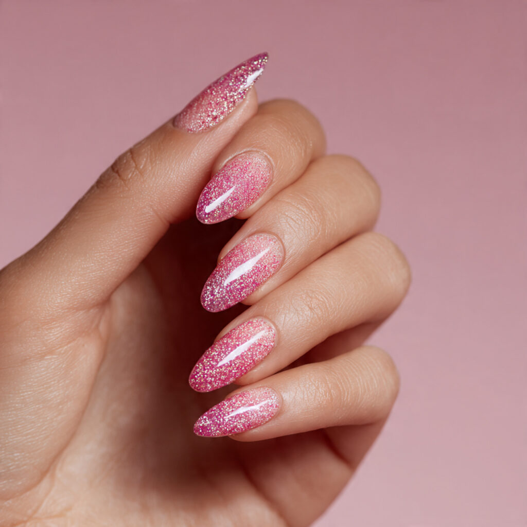 one hand with attractive pink glitter fade nail de