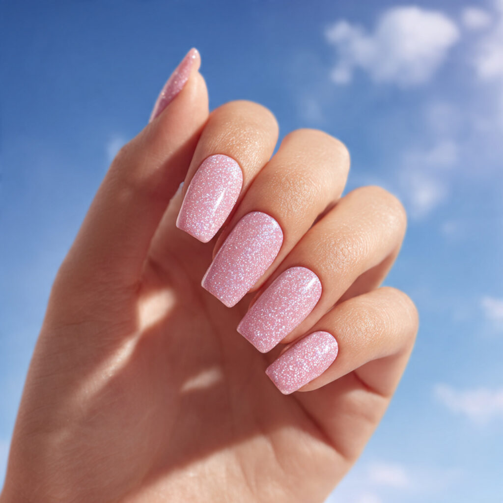 Pink Sparkle Nails: Soft Glam, Glossy Shine & Dreamy Glow 9 one hand with attractive pink holographic glitter