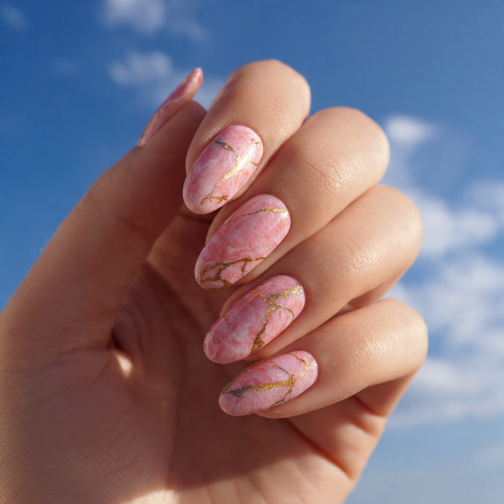 one hand with attractive pink marble with gold vei