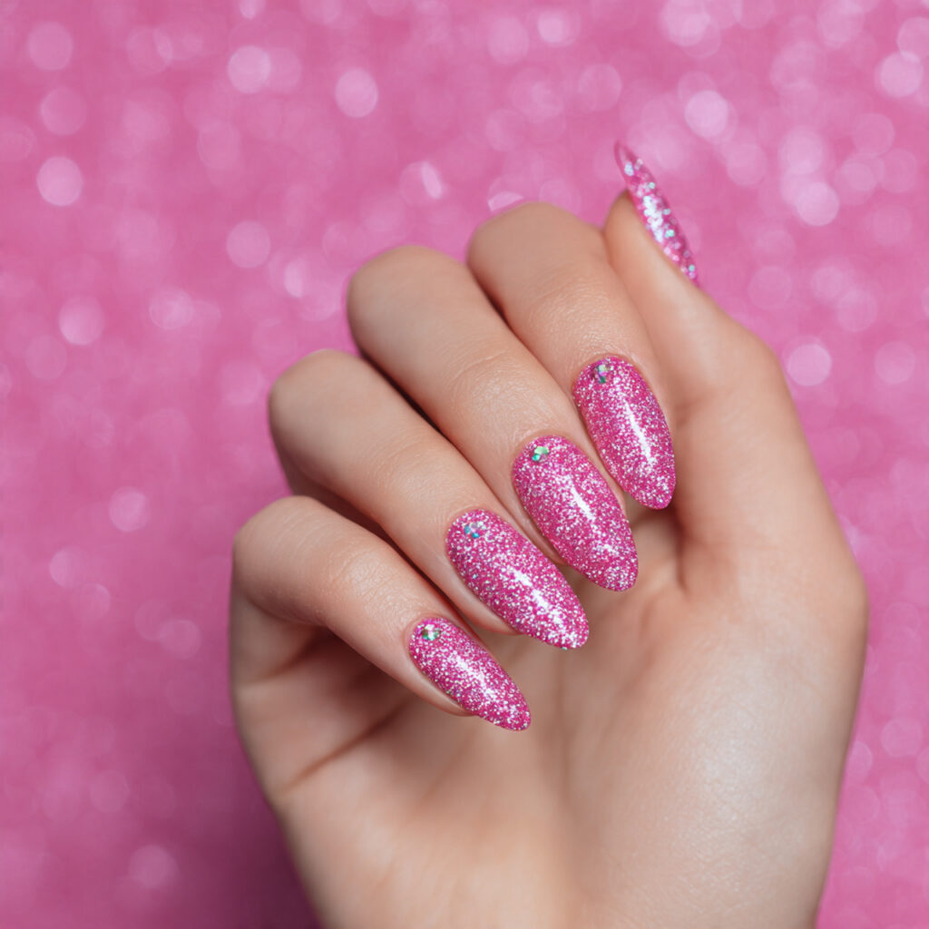 Pink Nails with Glitter Accent: Soft Glam Looks You’ll Want to Save 10 one hand with attractive pink nails with glitter a