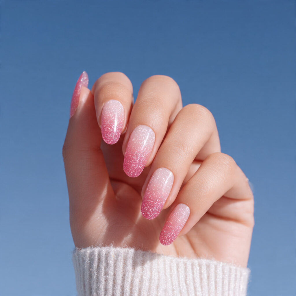 Pink Nails with Glitter Accent: Soft Glam Looks You’ll Want to Save 3 one hand with attractive pink ombre nail design wi