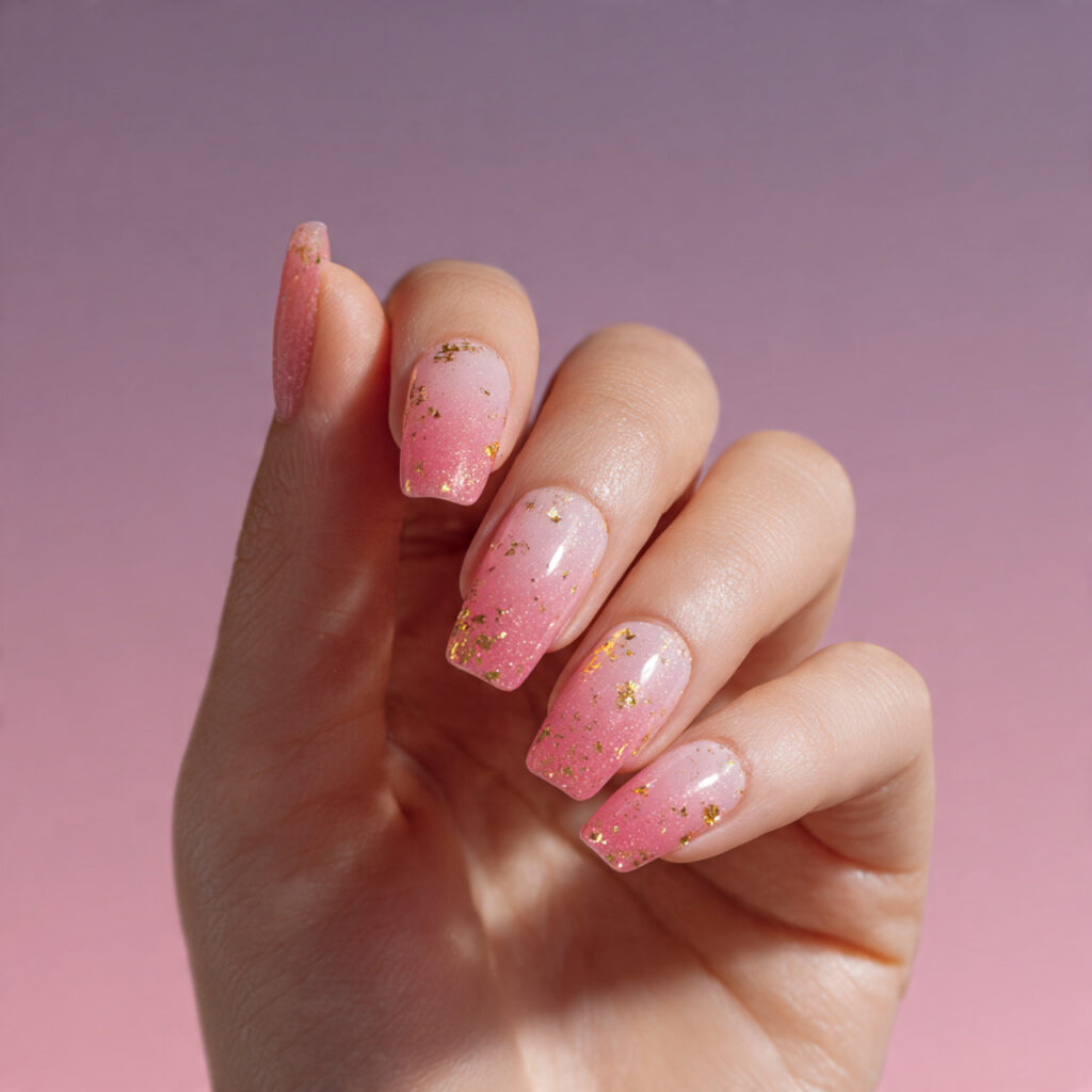Pink Gold Nails: Soft Glam Meets Luxe Shine 7 one hand with attractive pink ombre nails featurin