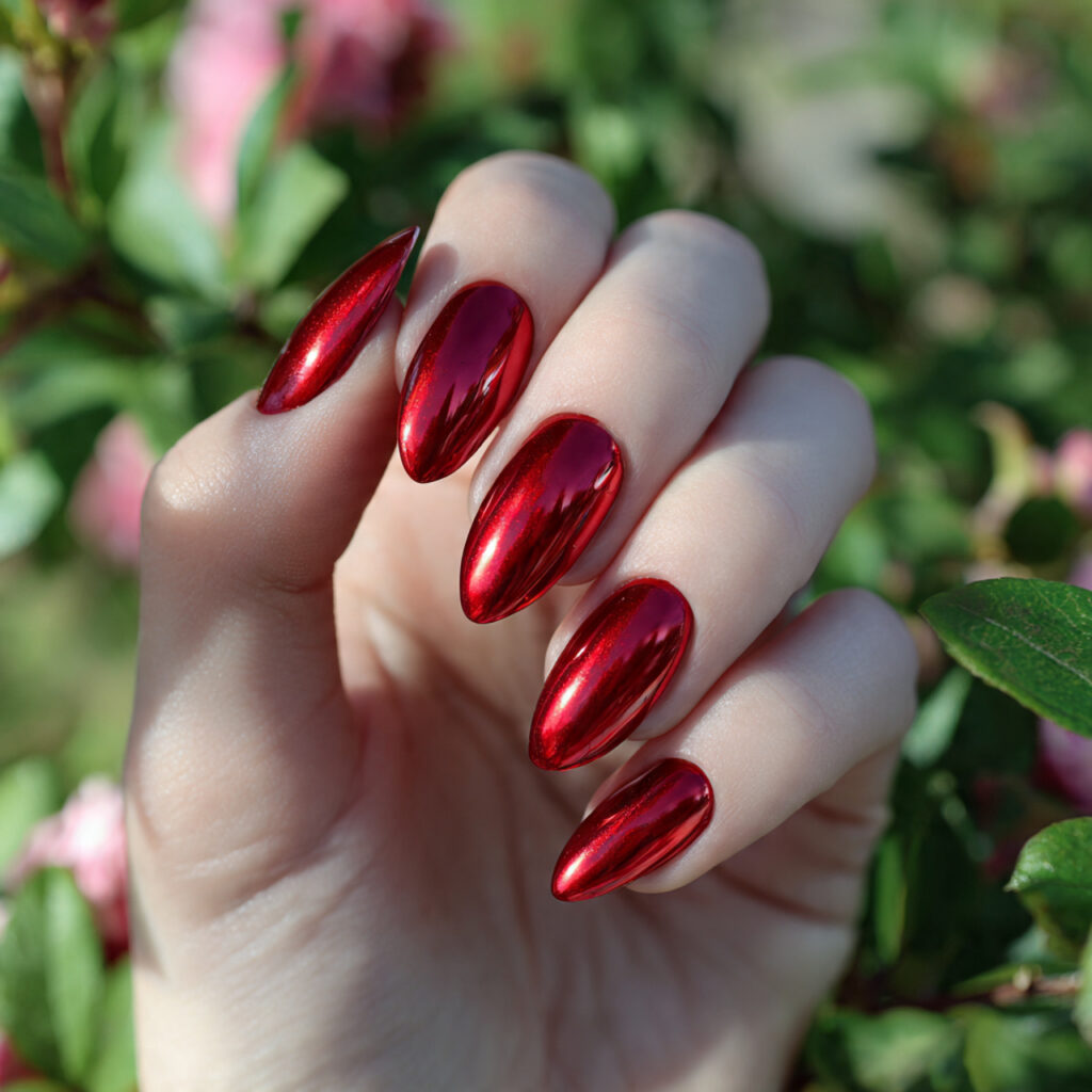 Almond Nails Red: 14 Dreamy, Classy & Bold Ideas You’ll Want to Save 10 one hand with attractive red chrome almond nails g