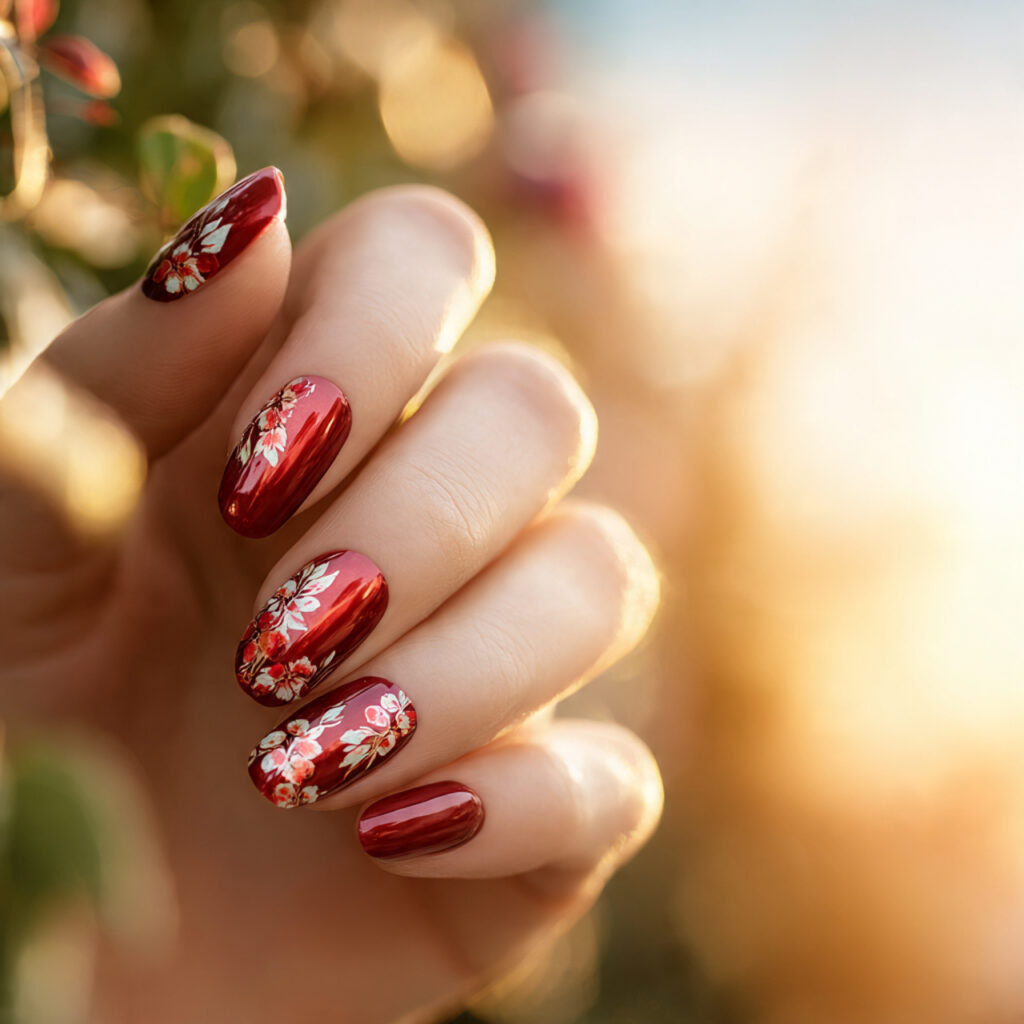 one hand with attractive red chrome floral nails g
