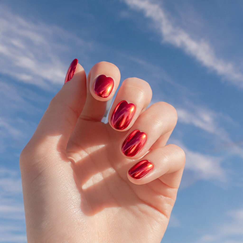 one hand with attractive red chrome heart nails gl