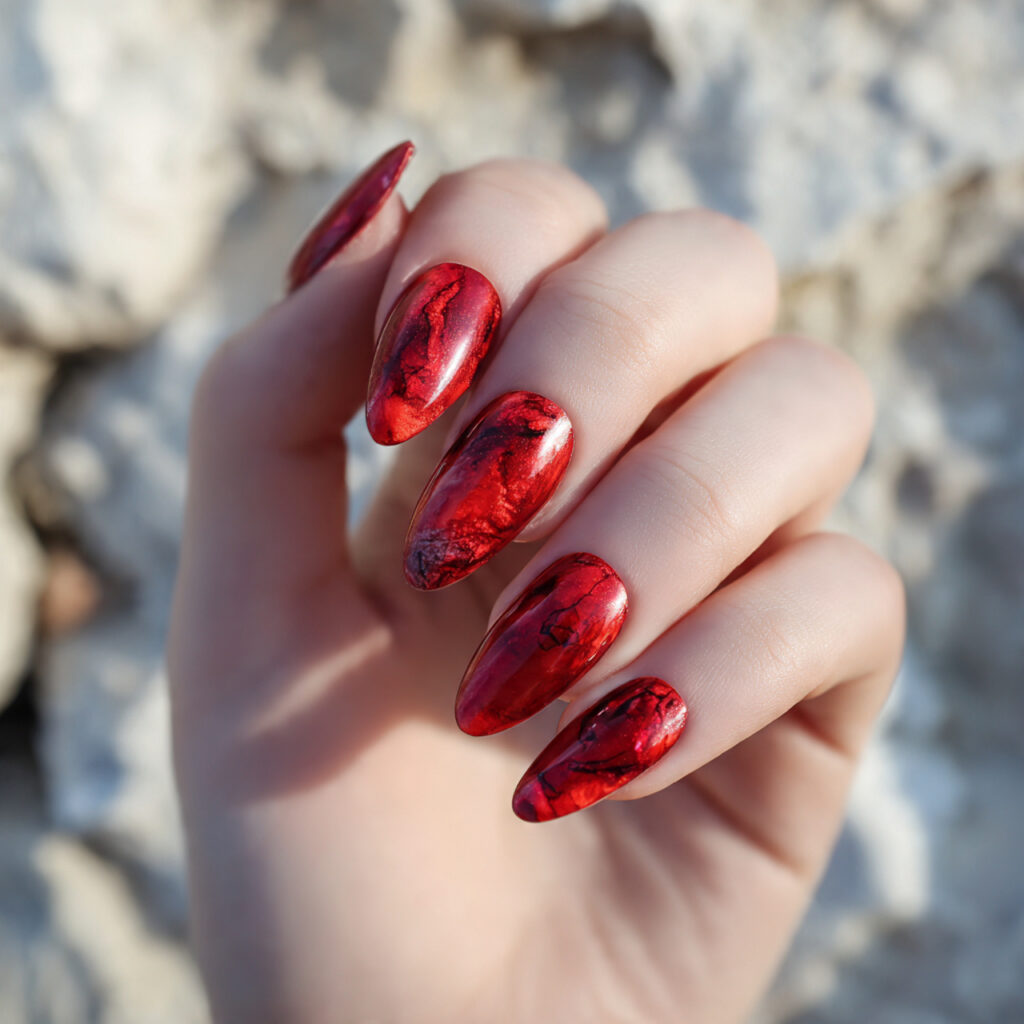 one hand with attractive red chrome marble nails g