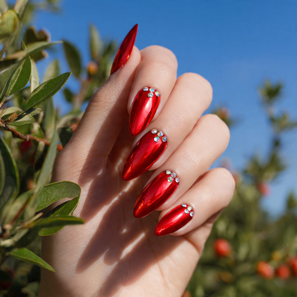 one hand with attractive red chrome nails rhinesto