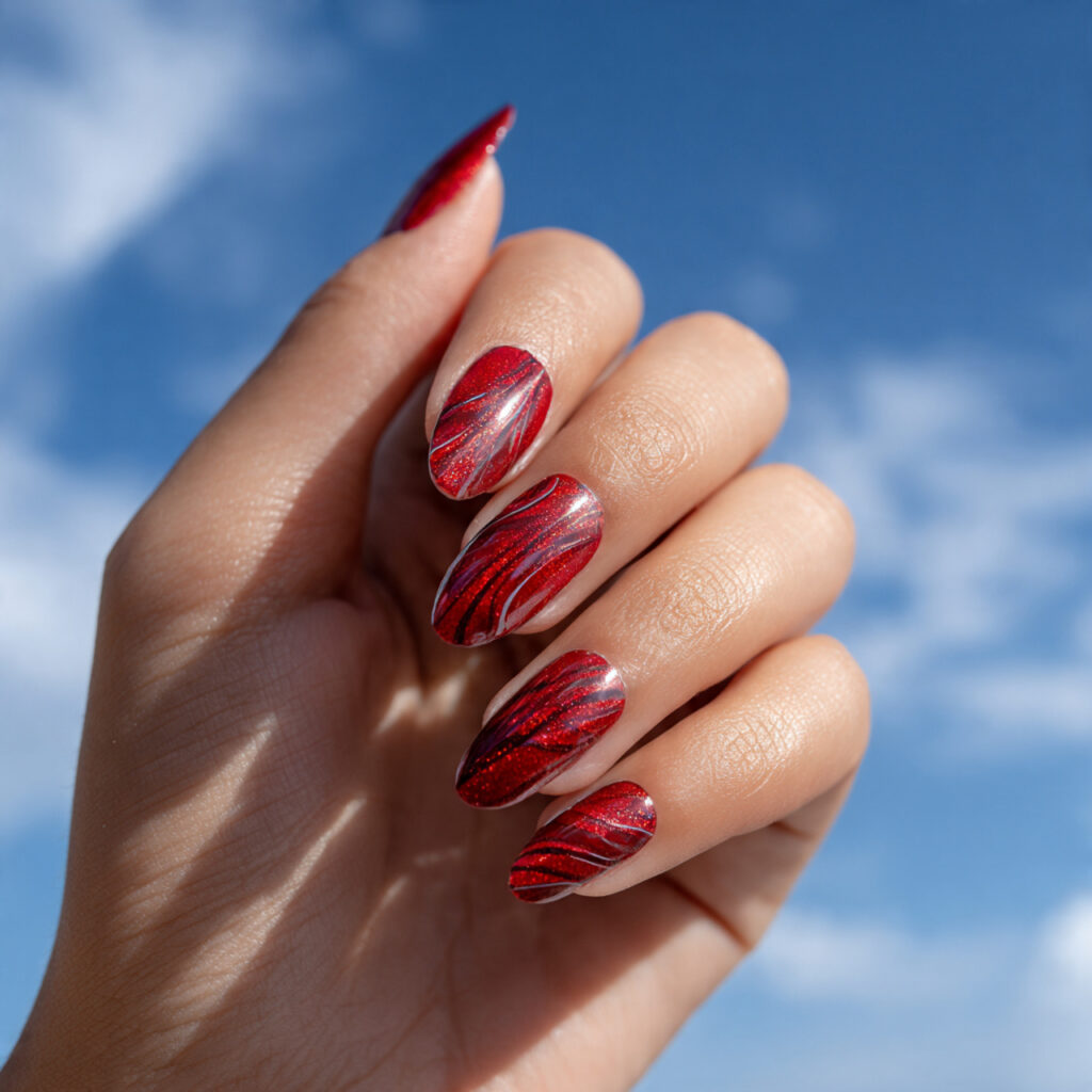 one hand with attractive red chrome swirl nails gl