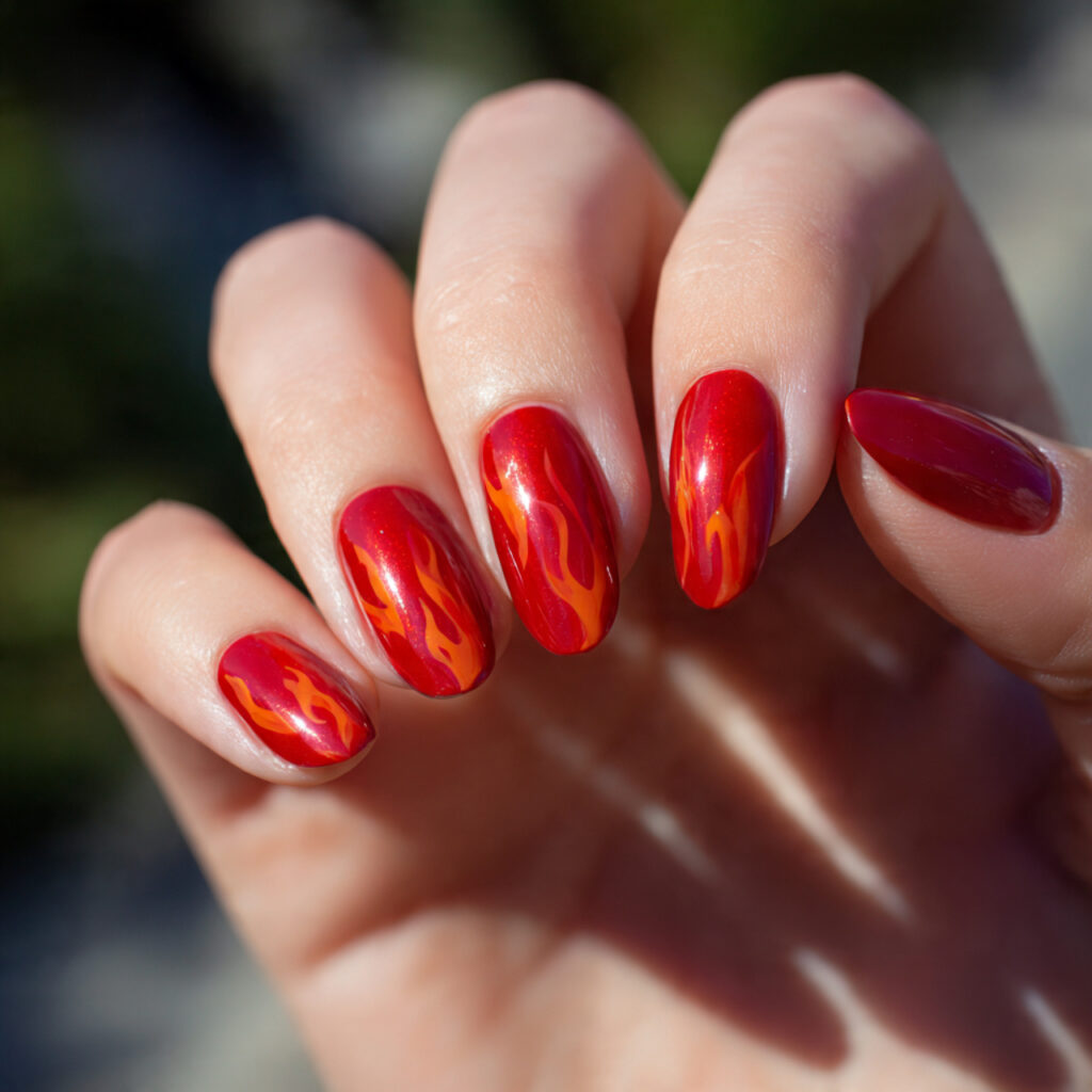 one hand with attractive red flame nail art design