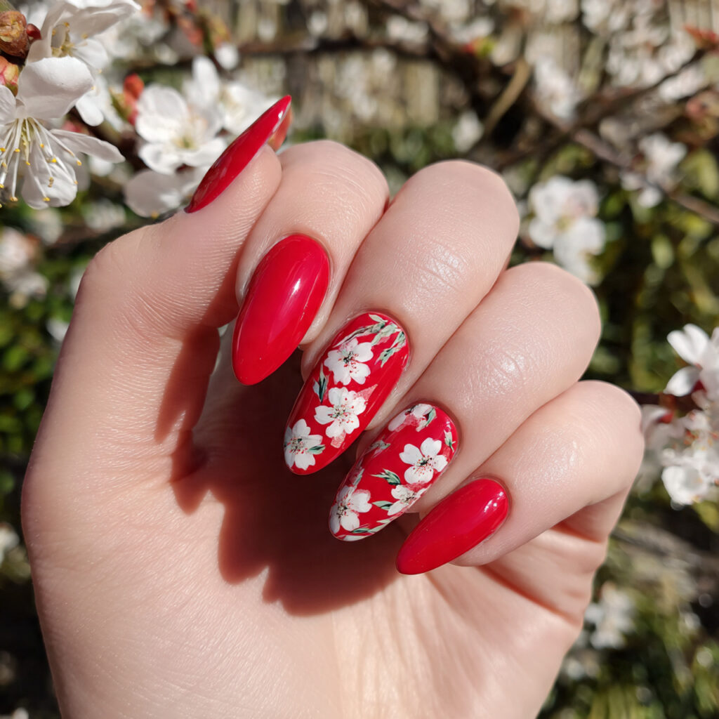 Almond Nails Red: 14 Dreamy, Classy & Bold Ideas You’ll Want to Save 6 one hand with attractive red floral accent almond