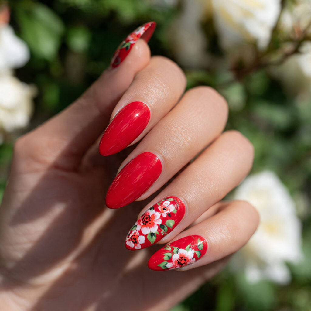 Red Nails Almond: Dreamy, Bold & Effortlessly Chic Designs You’ll Want to Save 9 one hand with attractive red floral almond nails g