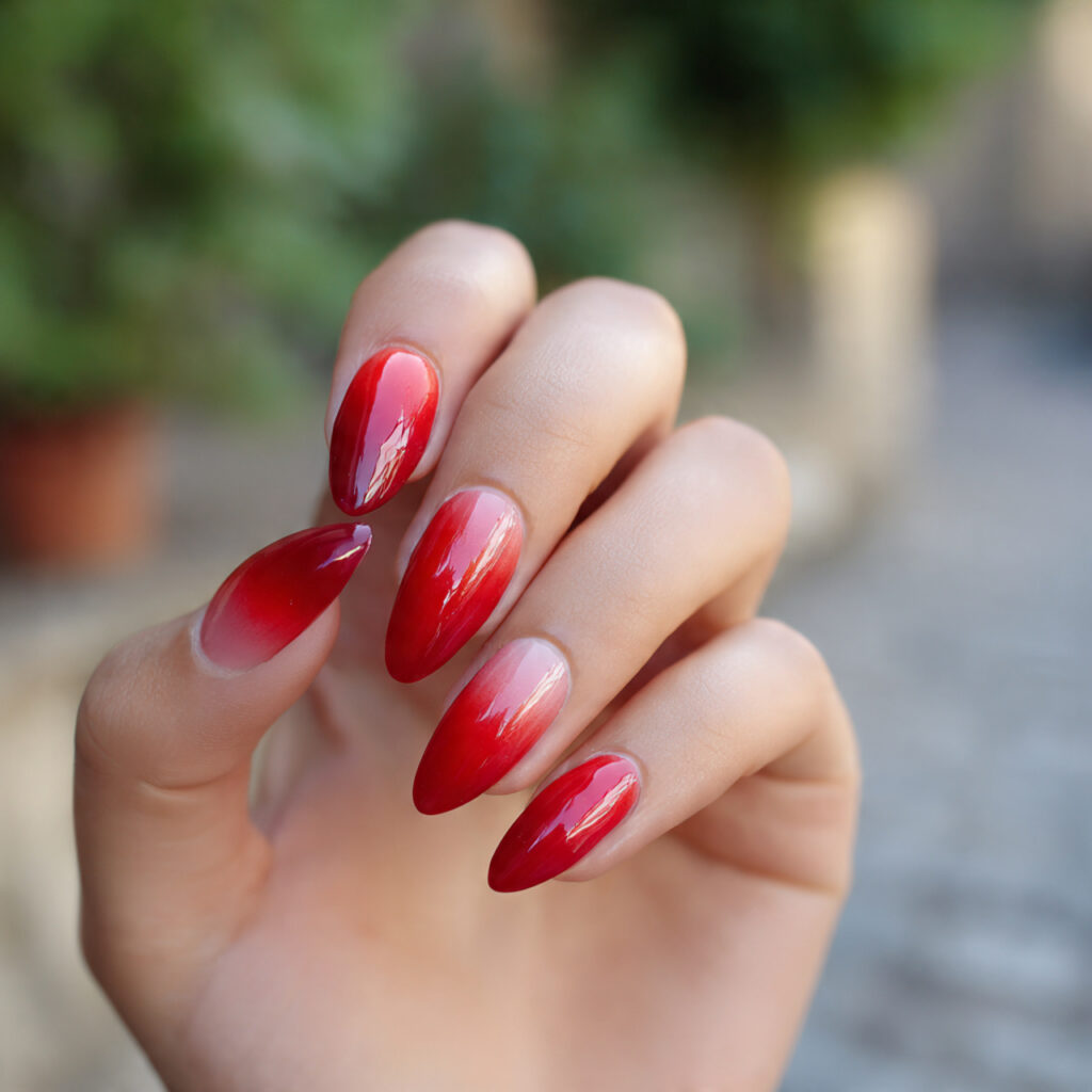 Red Nails Almond: Dreamy, Bold & Effortlessly Chic Designs You’ll Want to Save 4 one hand with attractive red ombre almond shaped n