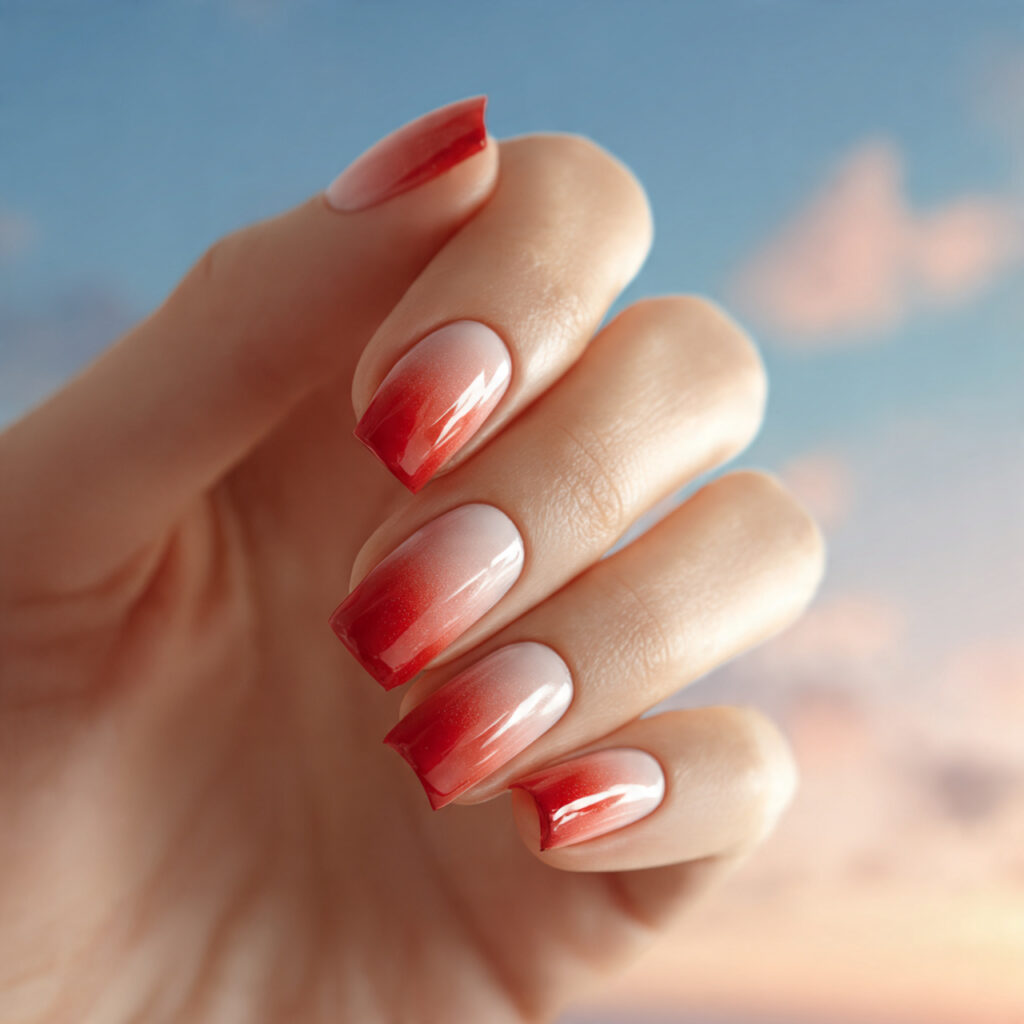 one hand with attractive red ombre nails with soft