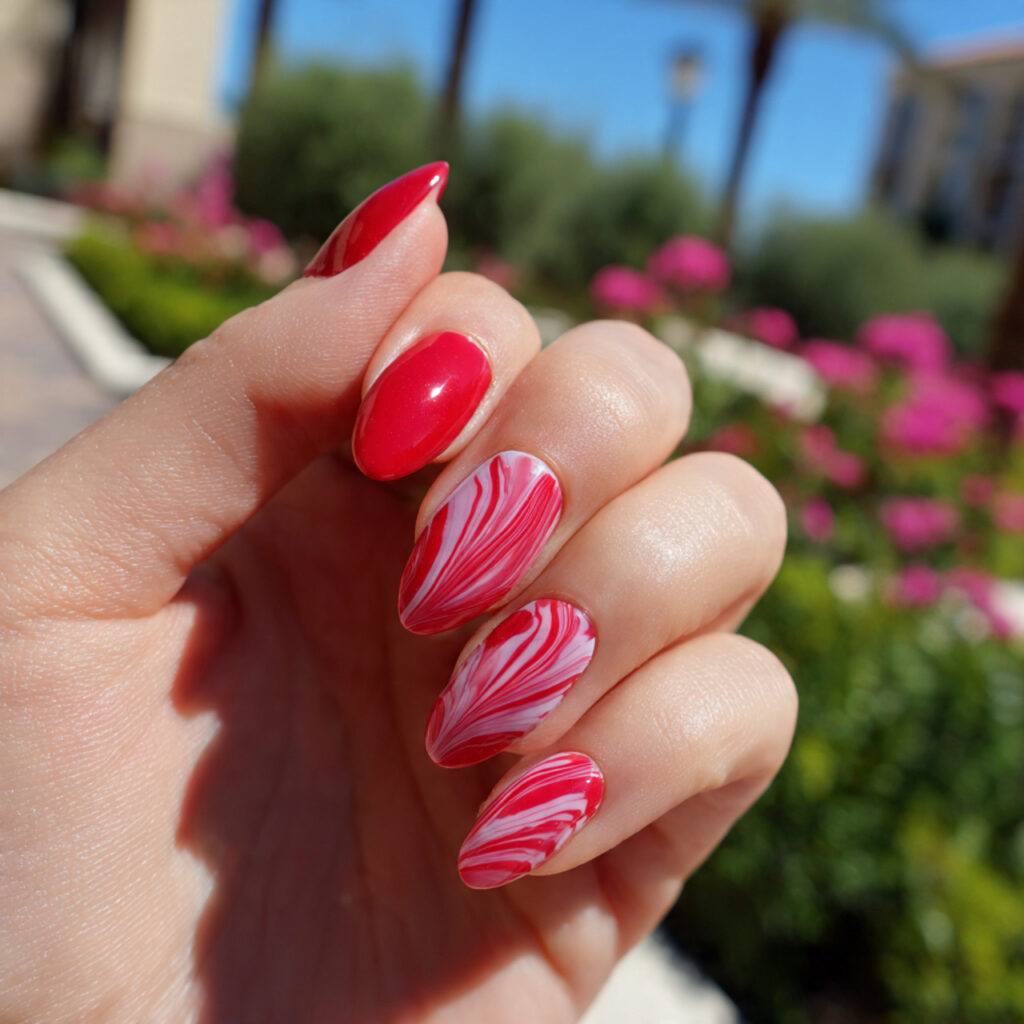 Red Nails Almond: Dreamy, Bold & Effortlessly Chic Designs You’ll Want to Save 12 one hand with attractive red swirl almond nails gl