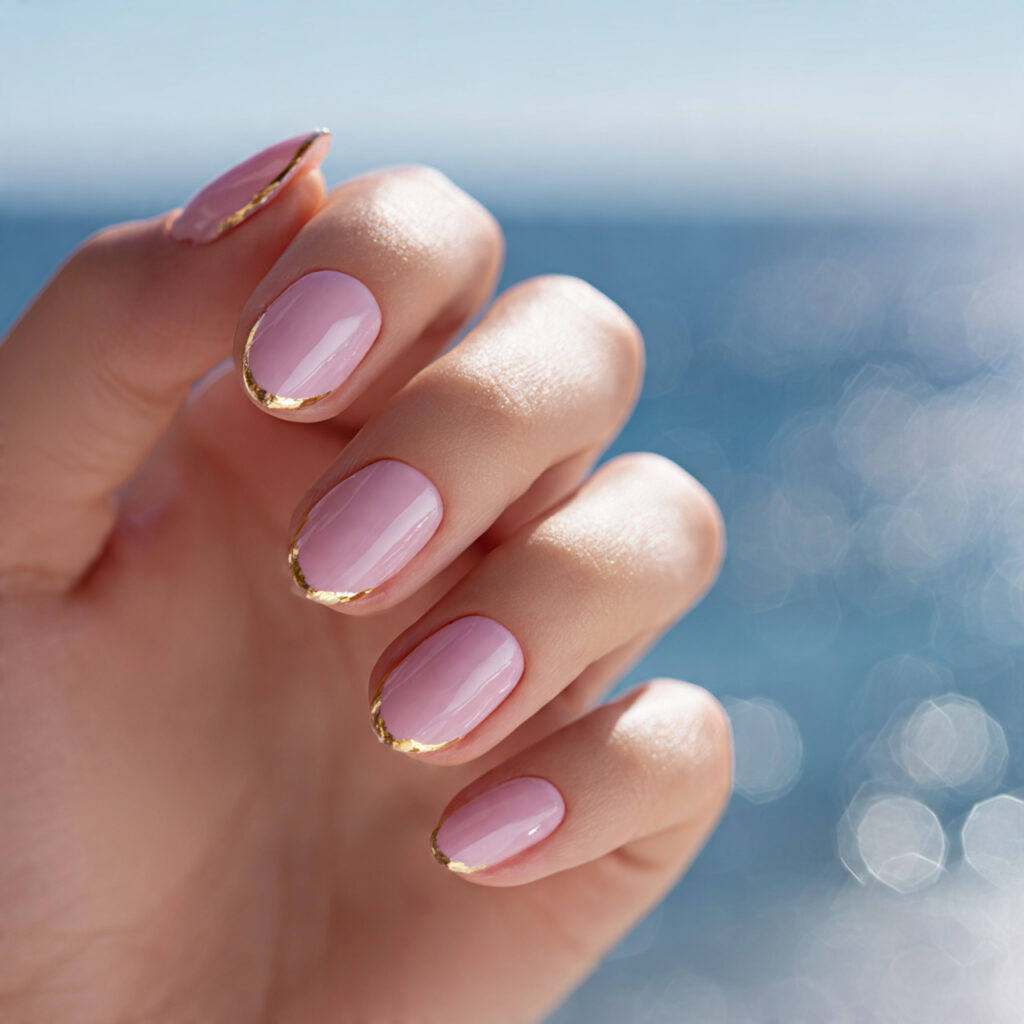 one hand with attractive rose pink nails featuring