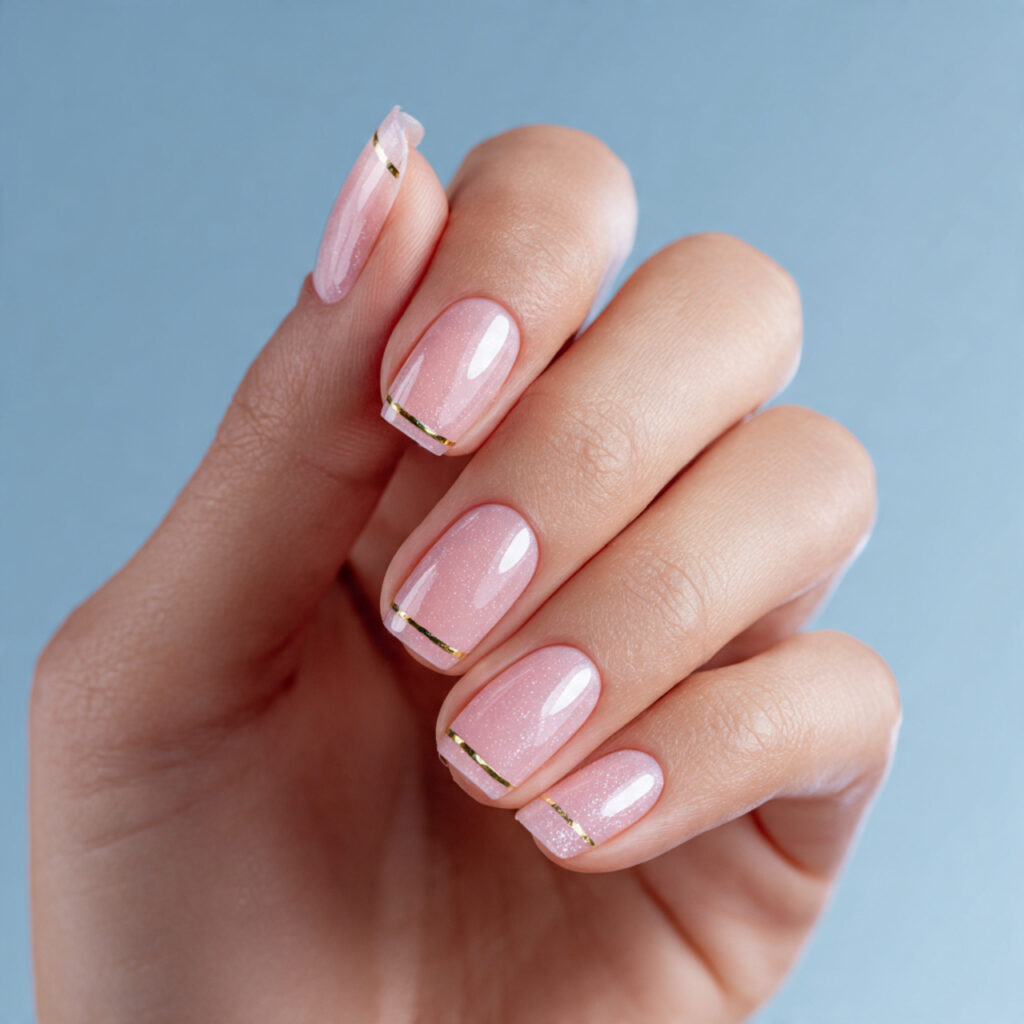 one hand with attractive sheer pink nail polish an
