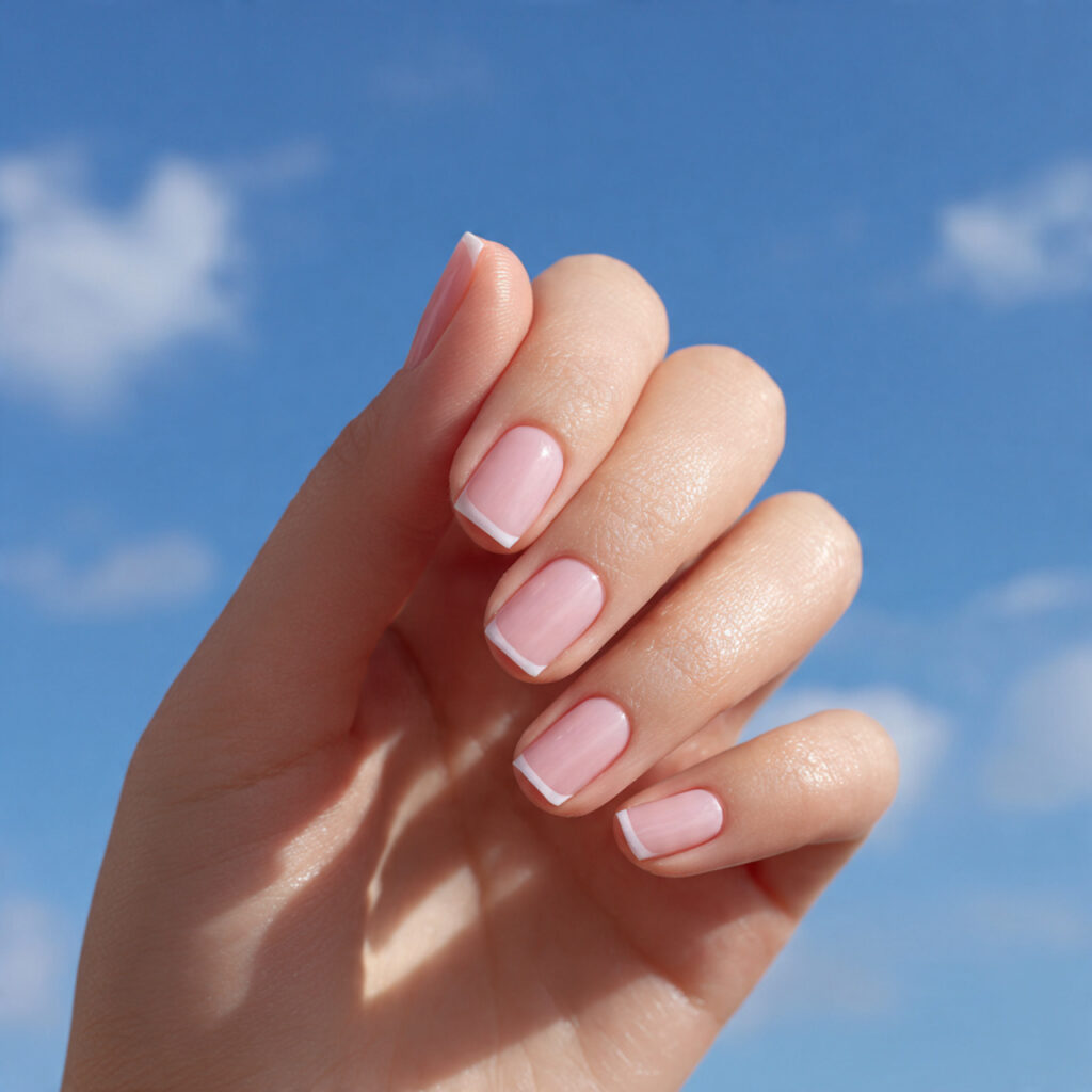 Pink Nails Simple: Soft, Effortless Looks You’ll Always Love 5 one hand with attractive soft pink french tip nail