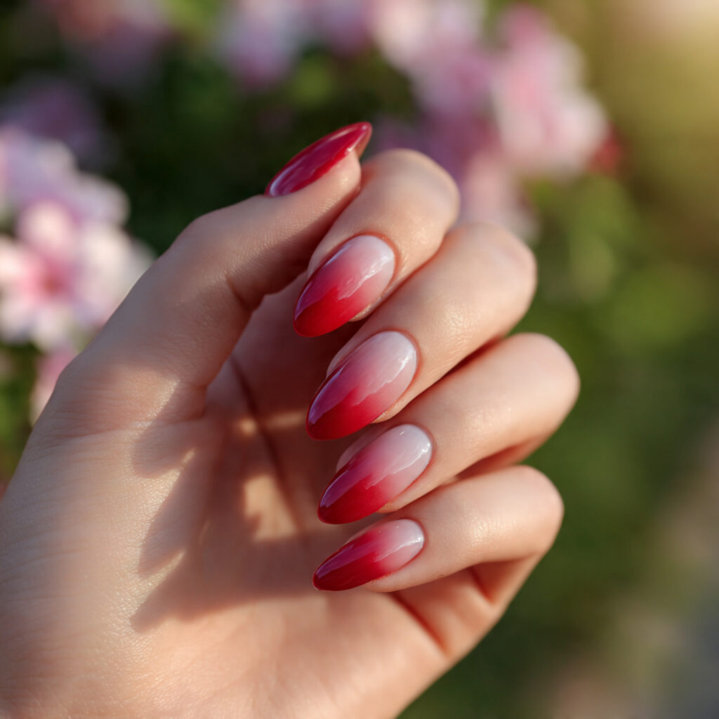 Almond Nails Red: 14 Dreamy, Classy & Bold Ideas You’ll Want to Save 4 one hand with attractive soft red ombre almond nai