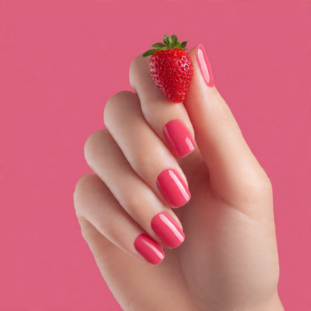 Pink Nails with Designs: Cute Details That Make You Glow 6 one hand with attractive strawberry pink nail art