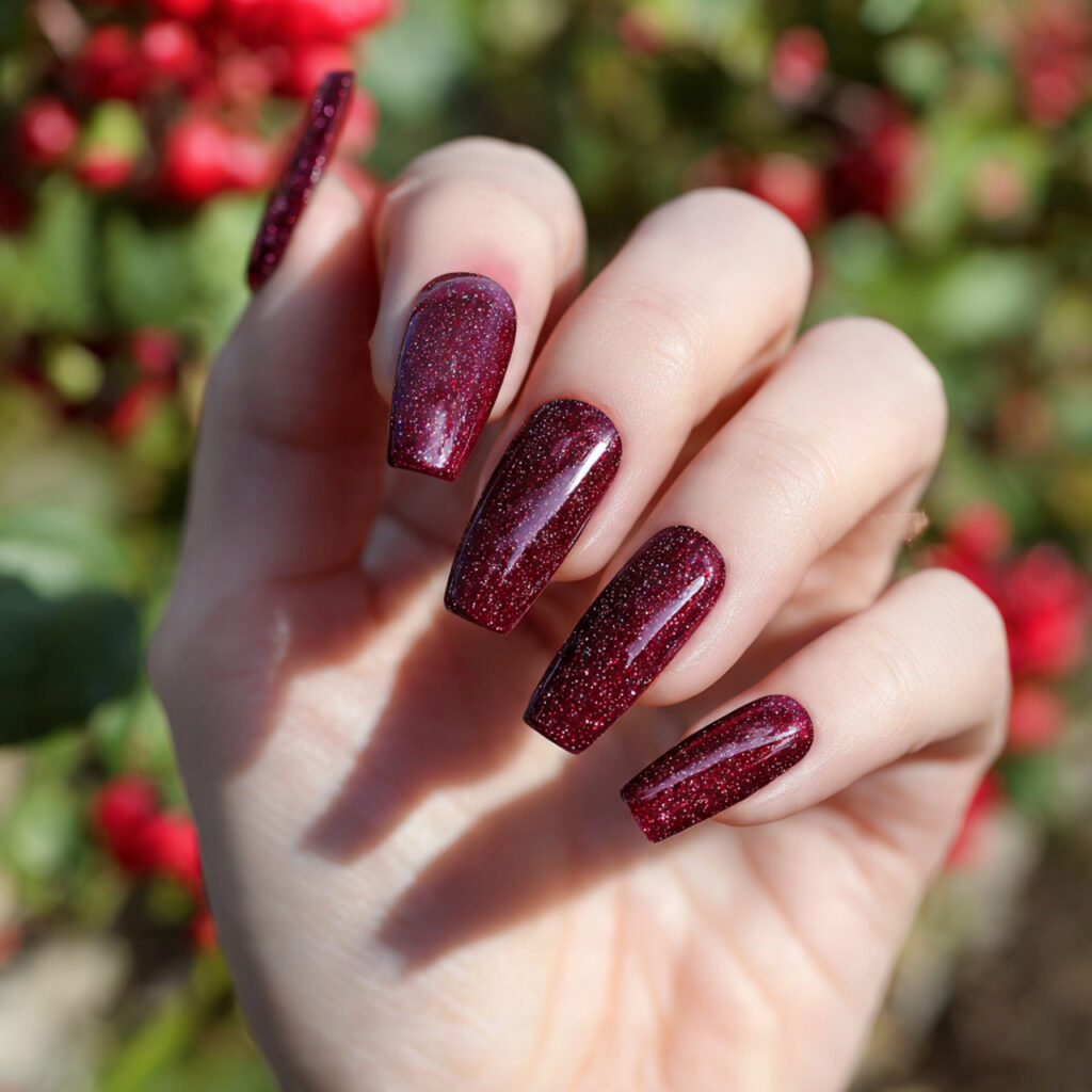 Red Nails Glitter: Bold Sparkle, Soft Glam & Statement Shine 13 one hand with attractive wine red glitter coffin n