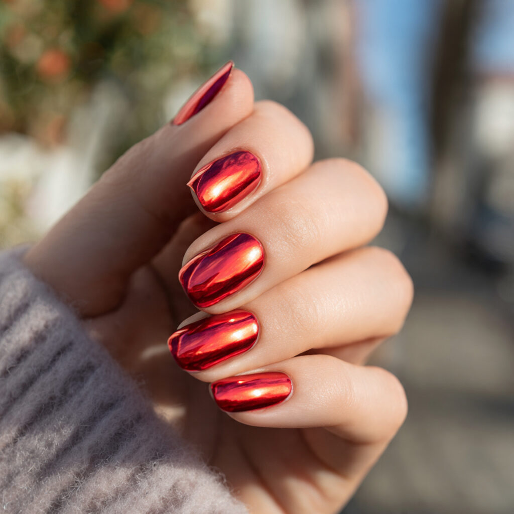 Red Nails Chrome: Glossy, Fiery & Made to Shine 9 one hand with bright scarlet chrome nails glossy m