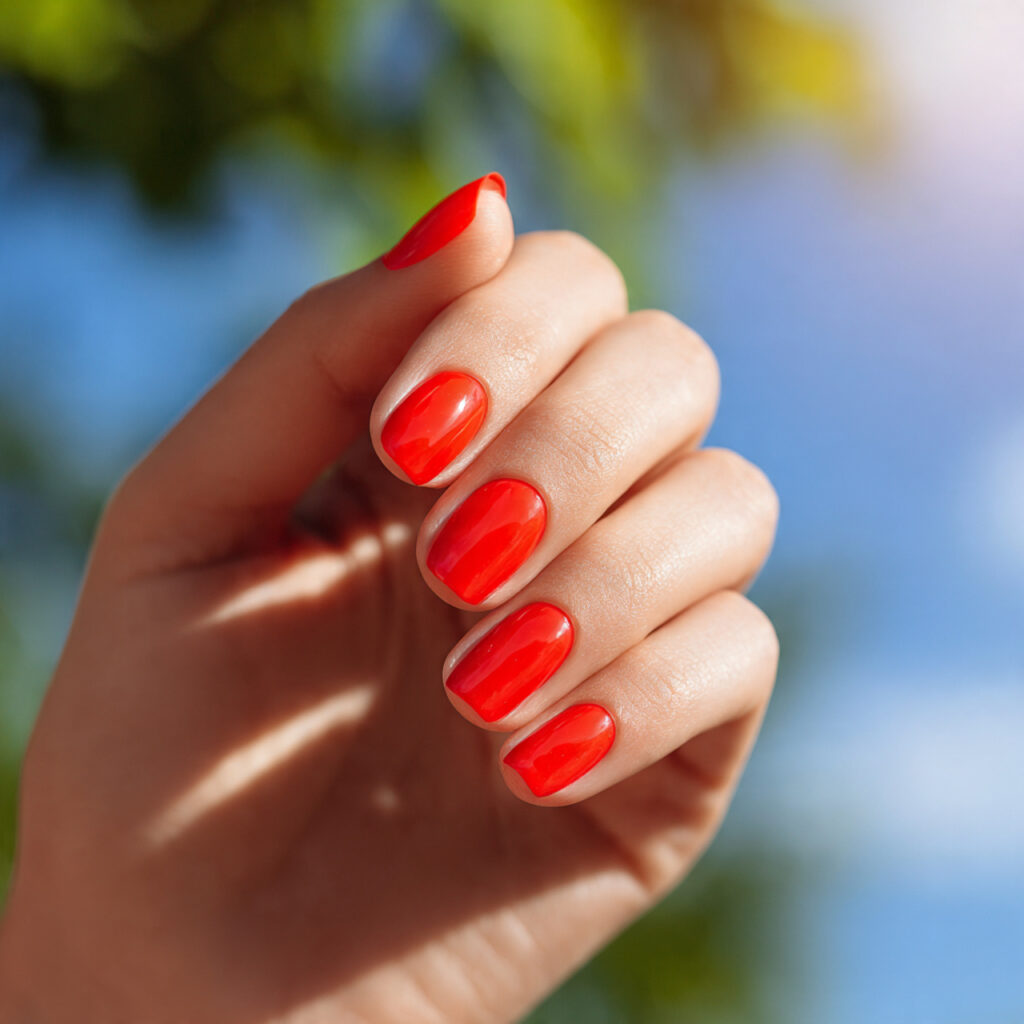 one hand with bright summer red french manicure na