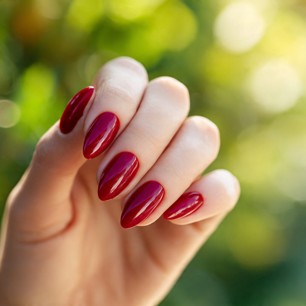 Red Nails Design Ideas Classy Almond: 14 Elegant Looks You’ll Love 2 one hand with cherry red almond shaped nails elega