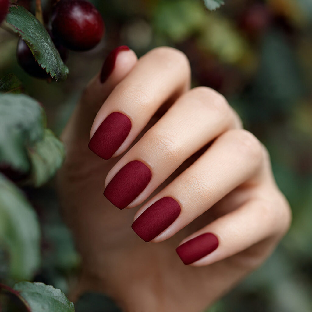 Red Matte Nails: Bold, Velvety Looks That Feel Effortlessly Luxe 1 one hand with classic deep red matte nails elegant