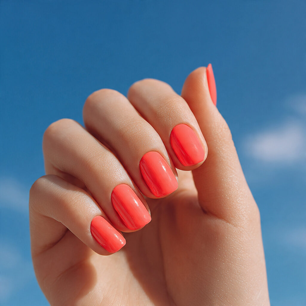 Classic Red Nails: Timeless, Elegant & Always in Style 7 one hand with coral red summer nails elegant manic